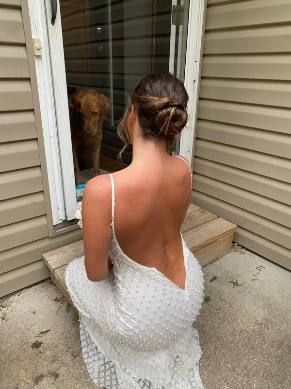 B Darlin Glitter and Faux-Pearls Open-Back Gown - Image 2