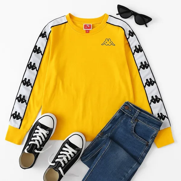 Kappa Banda Logo Tape Long Sleeve Top Yellow White Streetwear Women Small in EUC - Image 4