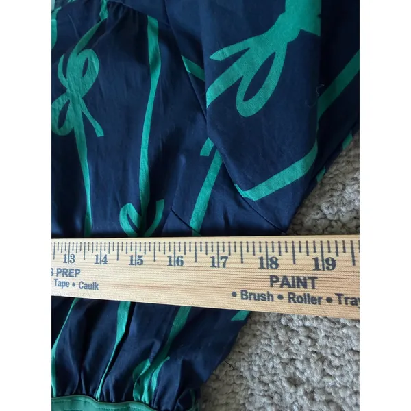 Umgee‎ Navy Blue Green Bow Print Cotton Midi Dress Medium Puff Sleeve - Image 16