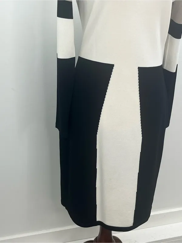 Calvin Klein Black White Taupe Long Sleeve Colorblock Knit Midi Dress Medium - Image 3