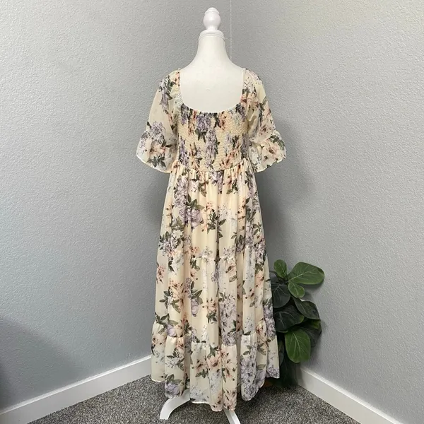 Shein Cream Maxi Dress Purple Green Floral Smocked Waist Ruffle Sleeves - Image 4