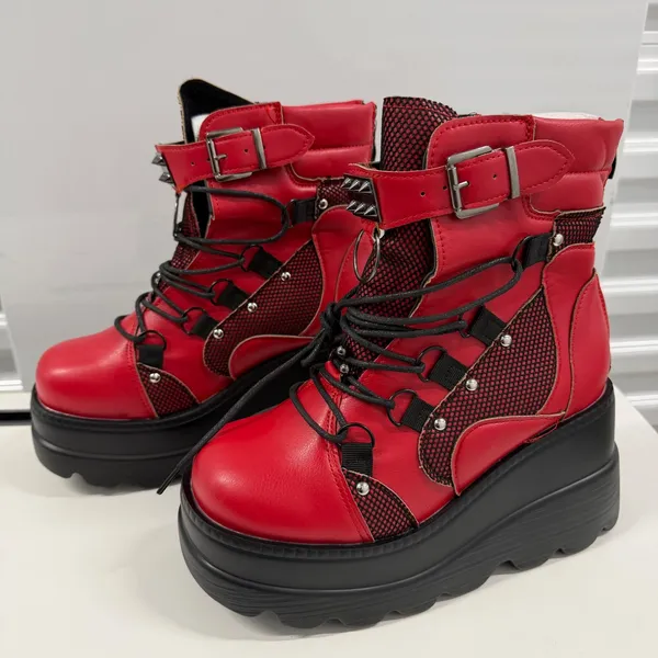 Red Platform Boots Gothic Punk Studded Mesh Wedge Ankle Boots Red Black Size 38 - Image 2
