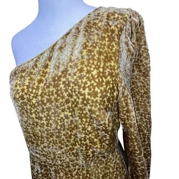 Molly Green Zion Burnout Velvet Dress L Gold Brown Floral One Shoulder Glam Boho - Image 2