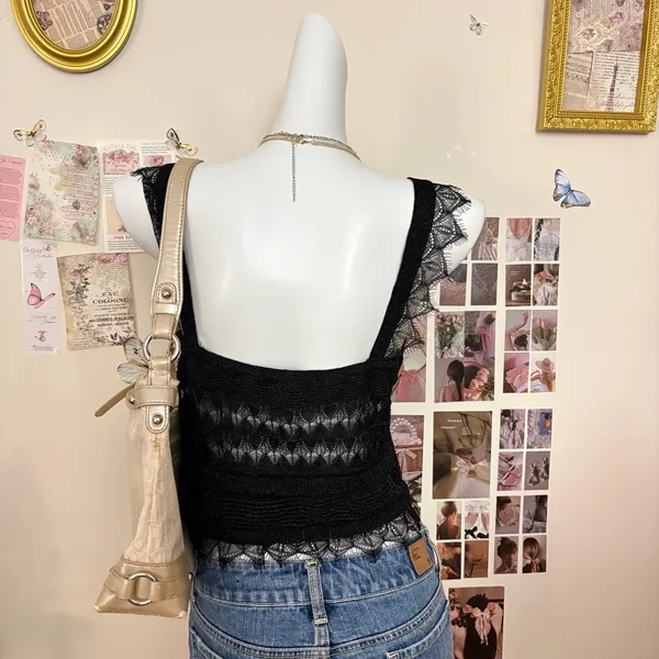 Zara Black Open Knit Tank Top With Lace Trim And Straps Size L - Image 4
