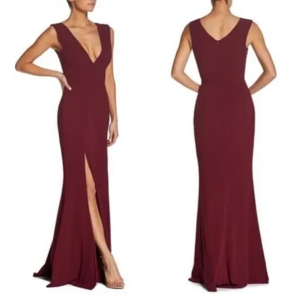 NWOT Dress the population Sandra Plunge Crepe Trumpet Gown Burgundy sz S - Image 2