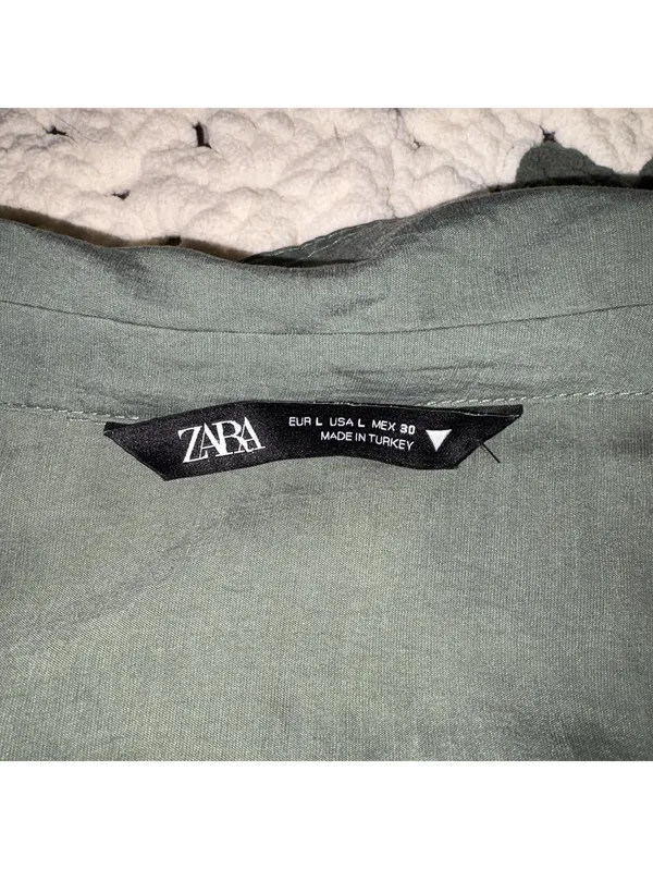 Zara Sage Green Womans L Summer mini dress v-neck long sleeves draped crossover - Image 10