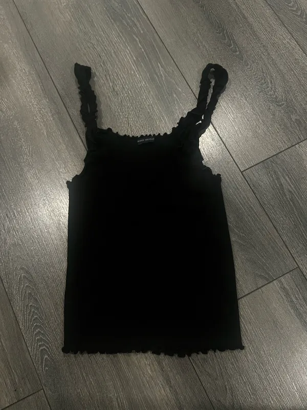 Brandy Melville black tank top with ruffled straps and hem - Image 2