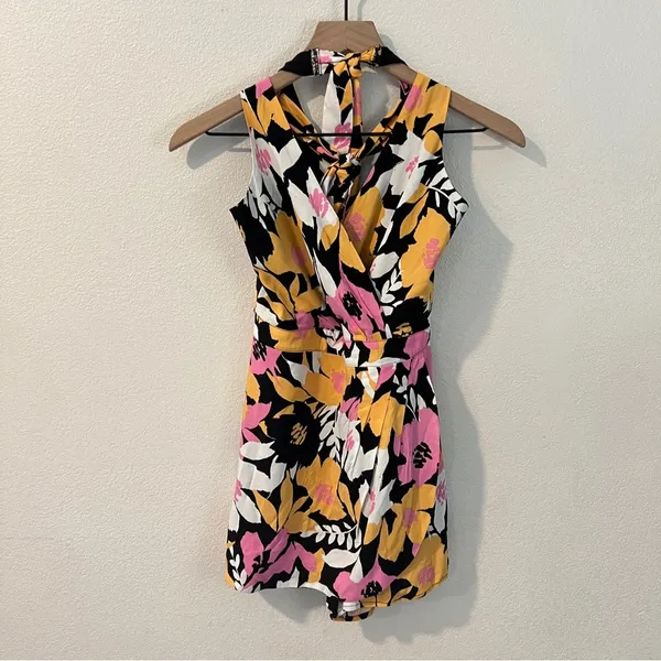 Skylar Rose Multicolor Floral Print Faux Wrap Style V Neck Skirted Romper Size S - Image 2