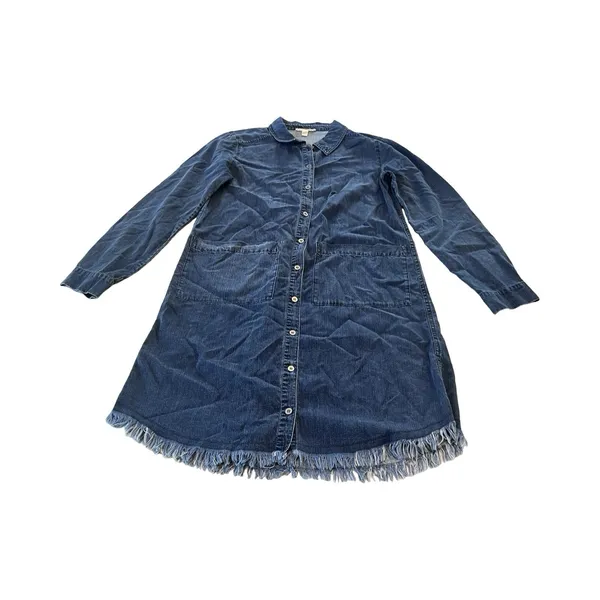 Eileen Fisher Denim Shirt‎ Dress Indigo Blue Tencel Organic Cotton Fringe Hem XS - Image 2