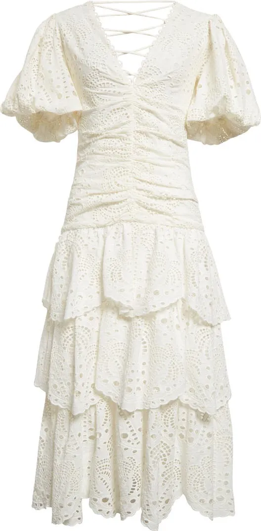 NWT FARM Rio Cotton Eyelet Puff Sleeve White Tiered Midi Dress L cottage coastal breathable - Image 3