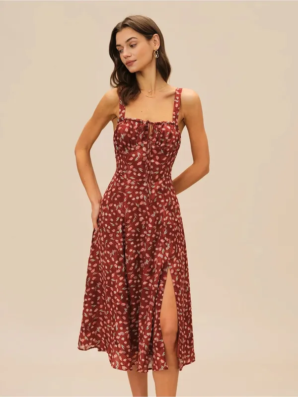 Rihoas Wine Red Floral Slip Midi Dress - Image 3