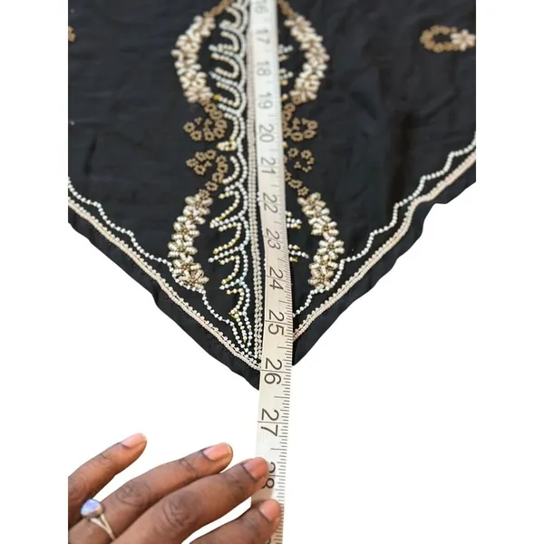Black Embroidered Sheer Scarf Evening Wrap Shawl Gold & White Beaded Detailing - Image 4