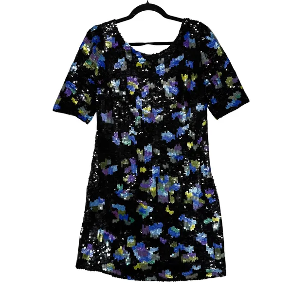 VTG Tracy Reese 4 Floral Sequin Mini Dress Blue Scoop Back Party Glam Evening - Image 6