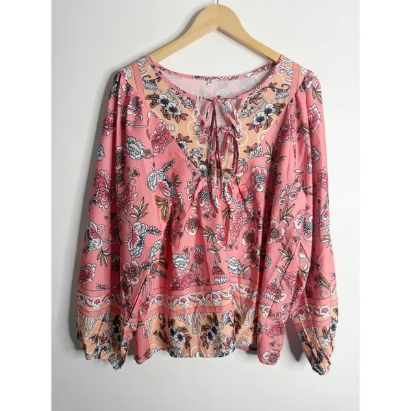 NEW Boho Floral Peasant Blouse‎ Tie Neck Long Sleeve Coral Pink XL Flowy Spring - Image 2