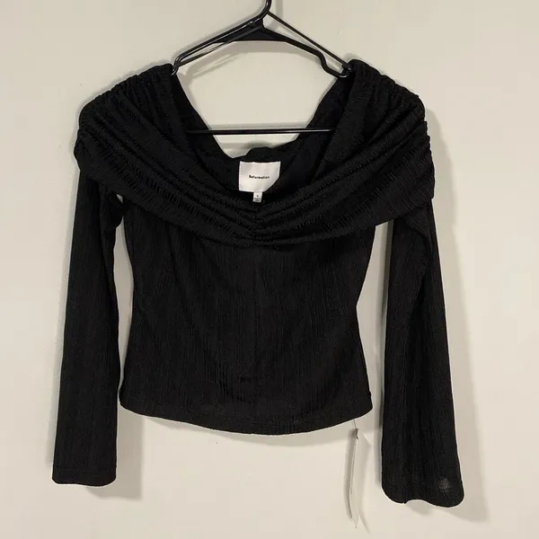NWT Reformation Amabel Knit Top Black Off Shoulder Ruched S - Image 2