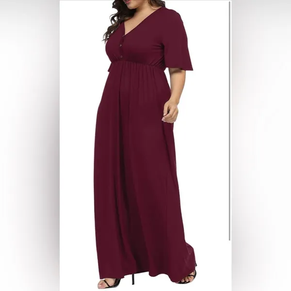 Allegrace 2XL Burgundy Maxi Dress Empire Waist Button Front Casual Boho - Image 5