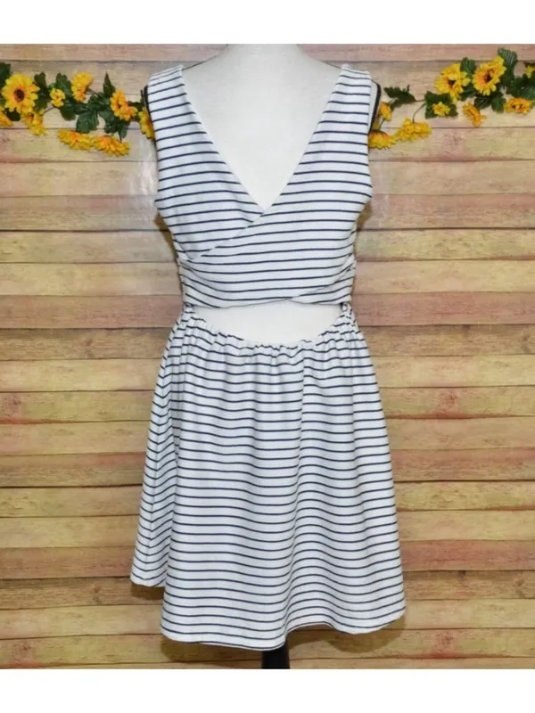 Lauren Conrad Sun Dress Navy Nautical Cross Back Size L Fit & Flare Preppy Lined - Image 7