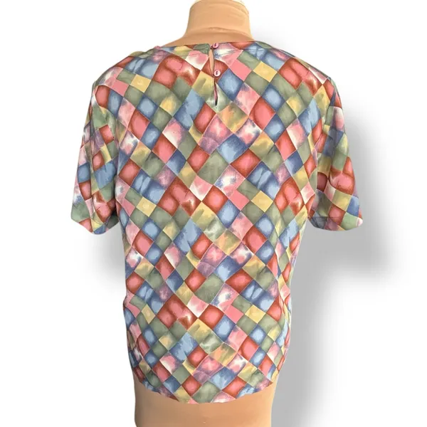 Vintage Blouse Harlequin Checkered Print Padded Shoulders Pastel Color‎ Diamond - Image 4