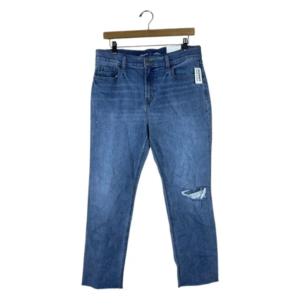 NWT Old‎ Navy Mid-Rise Boyfriend Distressed Jeans Blue Casual Raw Hem Size 8 - Image 2