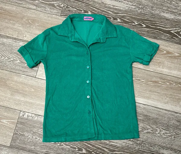 Sz S Green Terrycloth Short Sleeve Top Button Down Shirt Terry Cloth - Image 2