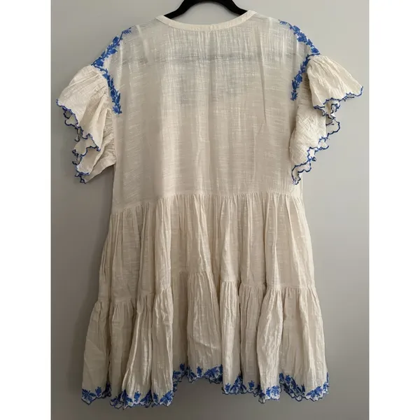 Free People Santiago Embroidered Boho Mini Dress Ivory and Blue‎ Size Medium - Image 2