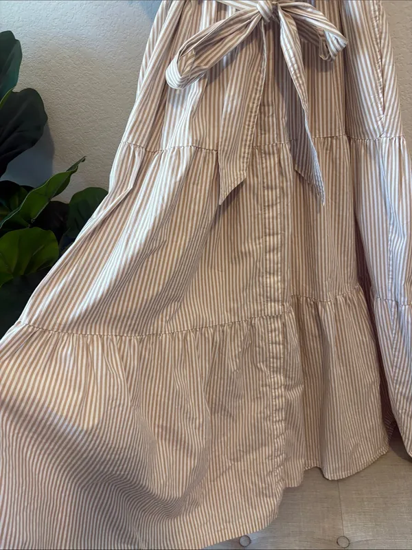 Chico's Cream and Tan Striped Button-Front collared tiered Maxi Dress - Image 4
