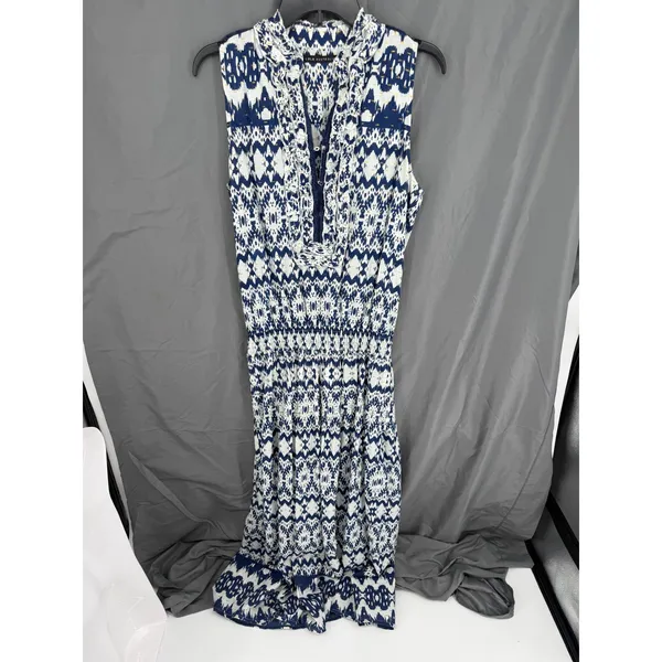 Lola Australia Maxi Dress S Blue White Morocco Ikat Cotton Beach‎ Wedding Guest - Image 5