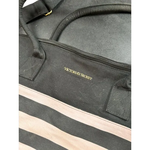 Victoria's Secret Black & White Striped Canvas Tote Bag With Handles - Image 3