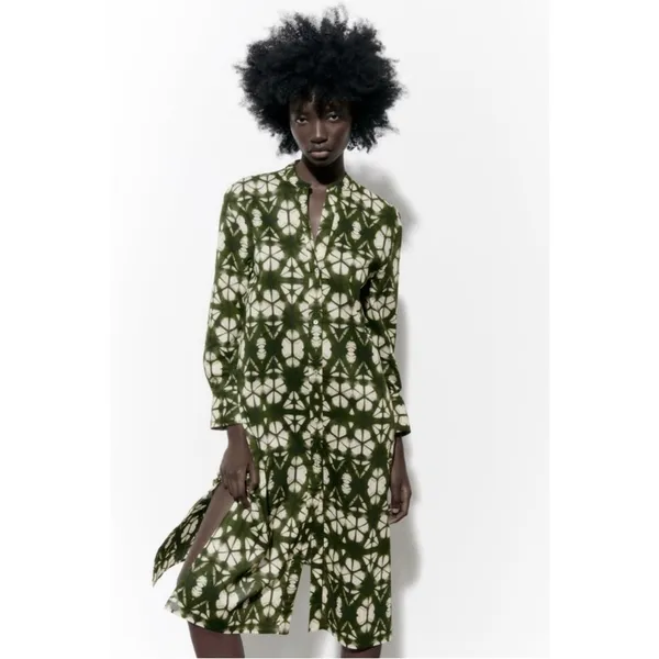 Zara Green Tie Dye Printed Button Front Midi Maxi Tunic Dress Cover Up Small NEW - Image 2