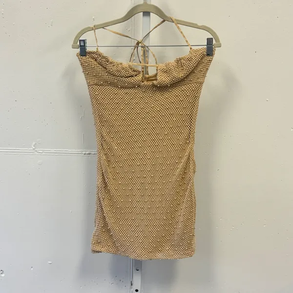 Oh Polly Pearl Embellished Fishnet Mini Dress Tan Halter Bodycon US 4 Beach - Image 2