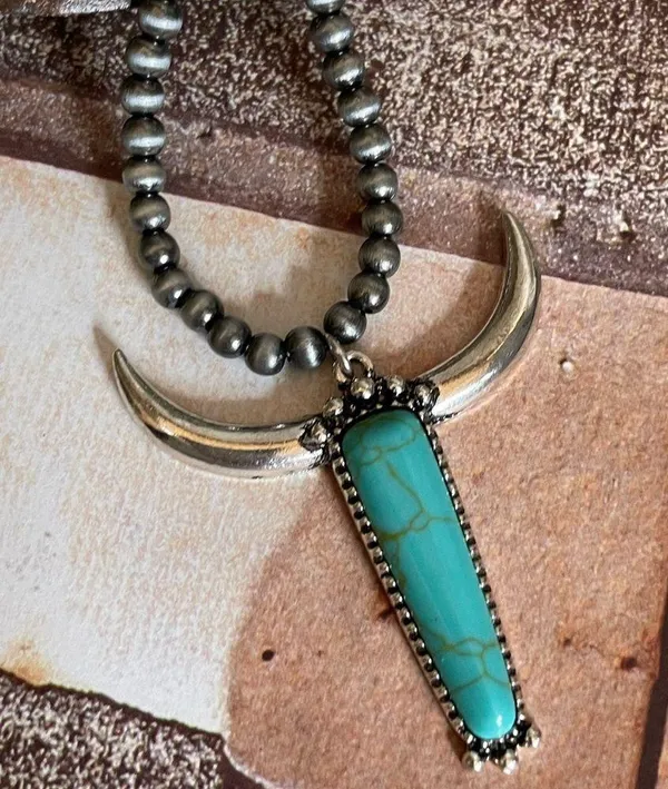 New Blue and Silver Longhorn Pendant on 18” Beaded Navajo Style Chain - Image 3