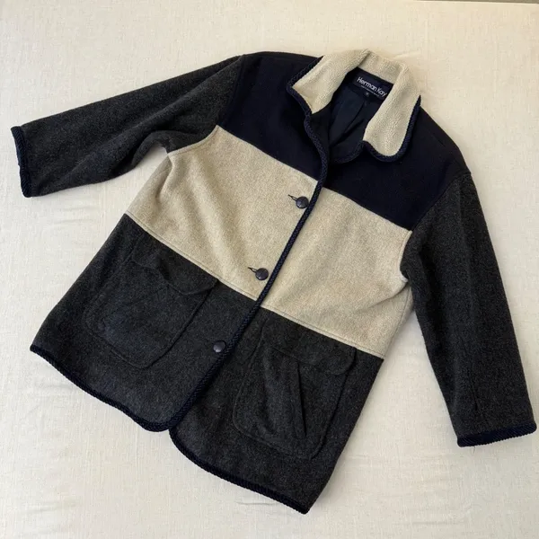 Herman Kay Vintage Women 12 Colorblock Wool‎ Coat Sherpa Collar Navy Grey Beige - Image 2