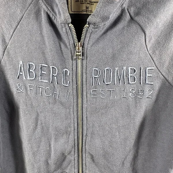 VTG Abercrombie & Fitch Hoodie Women M Blue Embroidered Big Logo Zip Up Y2K 90's - Image 2
