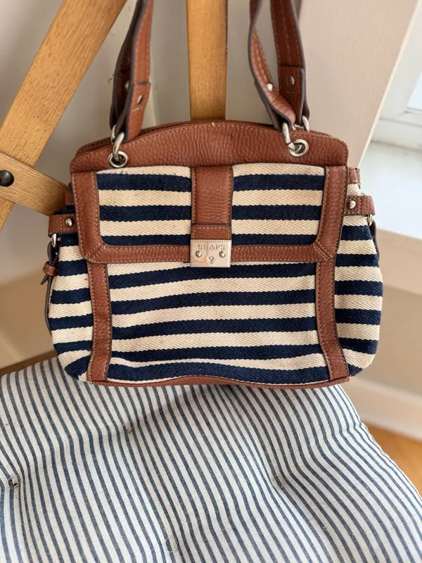 Vintage Chaps Navy Blue and Ivory Striped Shoulder Bag Purse - Image 8