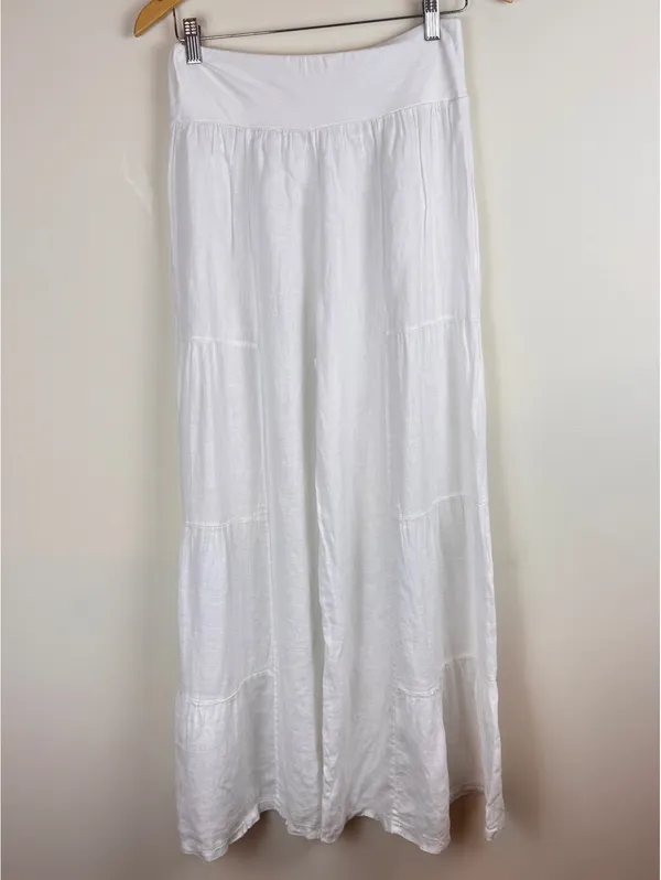 White Linen Tiered Wide Leg Palazzo Pants Foldover Waist Boho Coastal Resort - Image 4
