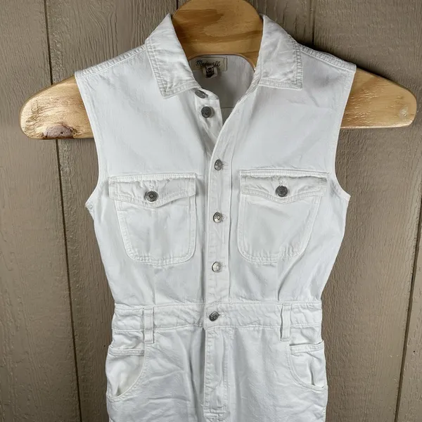 Madewell Denim Sleeveless Carpenter Jumpsuit Womens Size Small White 100% Cotton - Image 2
