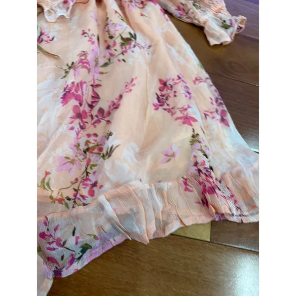 NWOT Free People Mini Dress Womens Peach Floral Ruffle Puff Sleeve M - Image 3