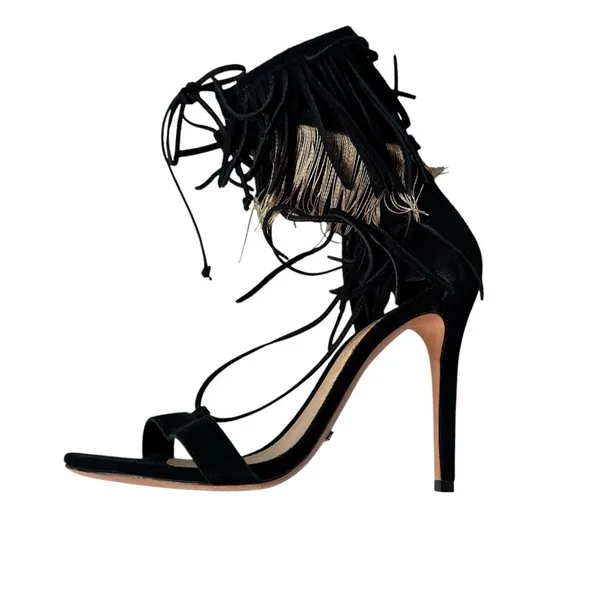 NEW Schutz Fringe Suede Stiletto Sandal Metal and Suede Fringe Black Size 9.5 - Image 2