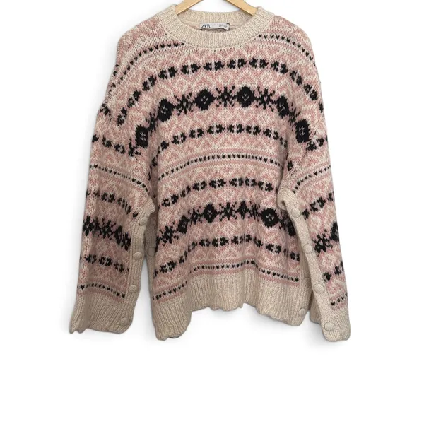 Zara Oversized Fair Isle Knit Sweater Pink Cream Side Button M-L NWT - Image 3
