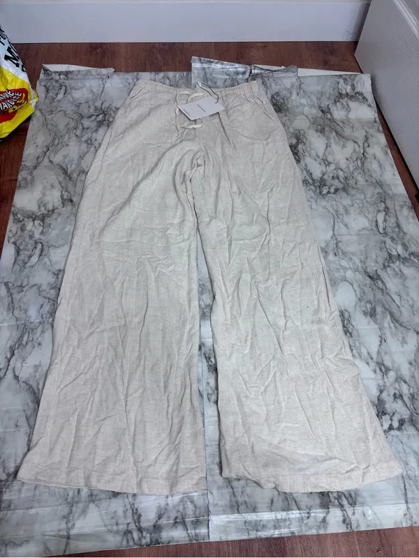 stradivarius Cream Wide Leg Linen Blend Pants pull on drawstring waist small NWT - Image 9