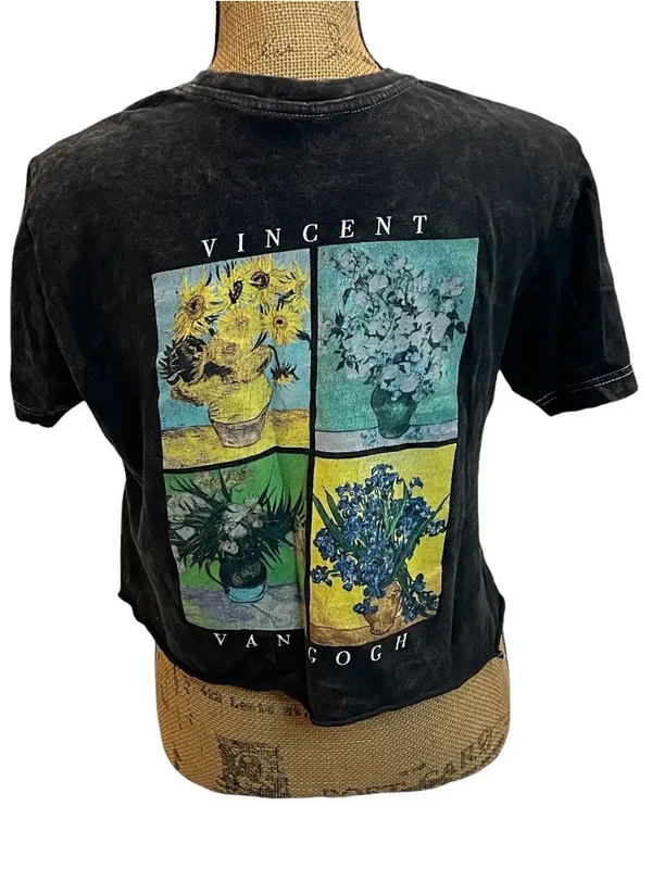 Black Mineral Distressed Cropped Graphic Tee Vincent Van Gough Size M - Image 3