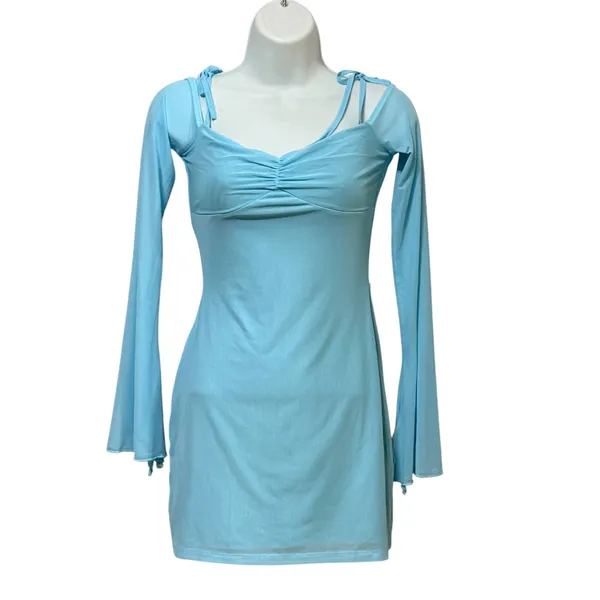Edikted Light Blue Cold Shoulder Mesh Mini Dress Long Sleeve Size S NWT - Image 2