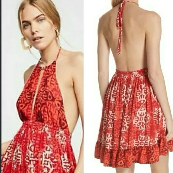 Free People Dress Beach Day Red And White‎ Halter Flowy Mini Boho Size L - Image 2