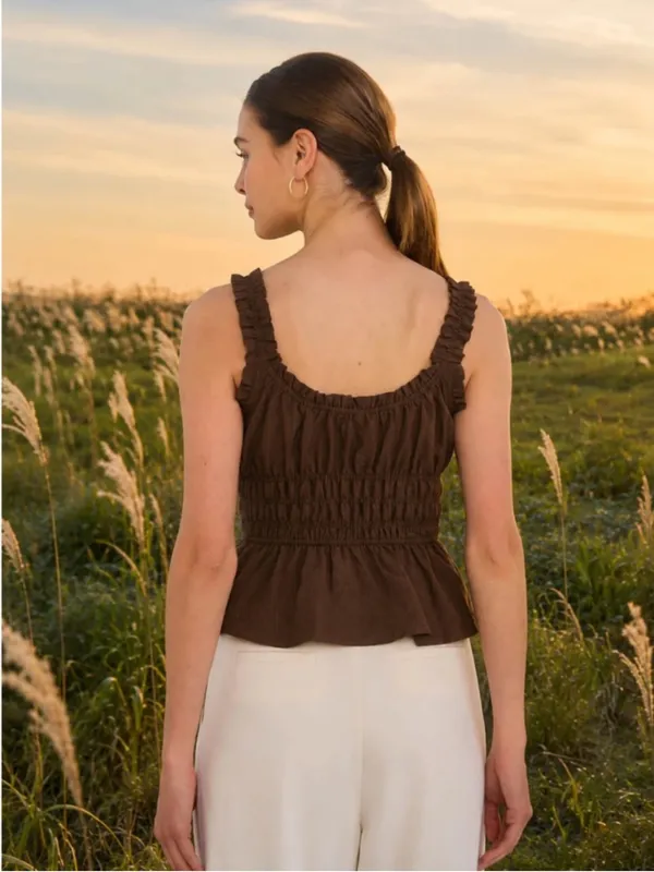NWT Blu Pepper Brown Ruffle Front Tie Shirred Peplum Tank Top Medium - Image 2