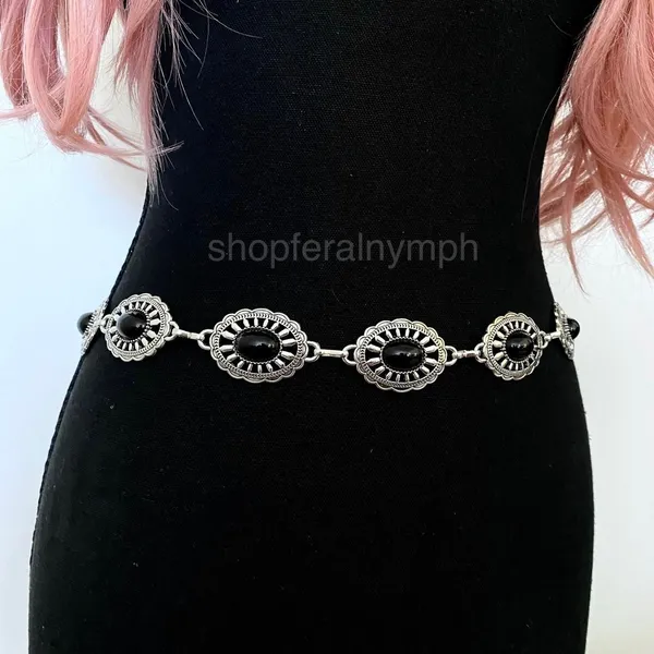 Silver Y2K Black Stone Concho Waist Chain Belt, Fits 24.5-38.5 Inches, X7GA1294 - Image 6