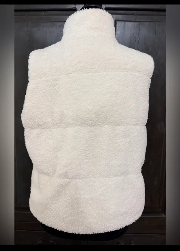 SHEIN Cream sherpa fleece fluffy puffer Zip up Vest with bag - size Medium. ***refer to measurements for size. Gently Warn and excellent condition. Measurements approximately from armpit to armpit 21” not fully stretched out x 22” long. Non-smoking home. Priced at as is condition. Don’t like my price make a reasonable offer! And thank you for checking my closet! - Image 2