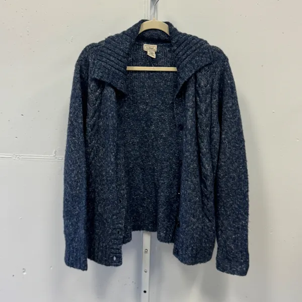 L.L. Bean Marled Cable Knit Button Front Cardigan Sweater Speckled Wool Blend M - Image 3