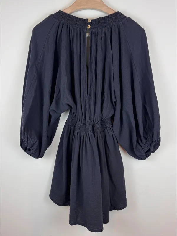 Free People For The Moment Mini Dress Black Cotton Boho Balloon Sleeve Size S - Image 5
