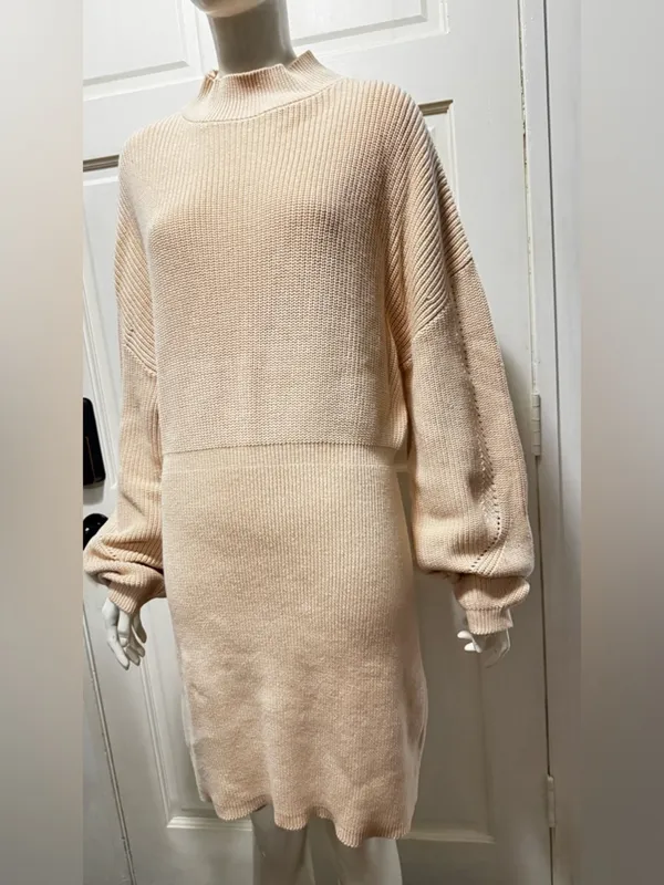 Lillusory Cotton Beige Knitted Cozy Neutral Knit Sweater Dress Size Large A1 - Image 5