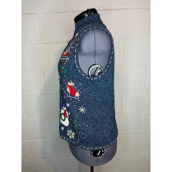 christmas sweater vest snowmen snowflakes beaded Blue Size M - Image 7